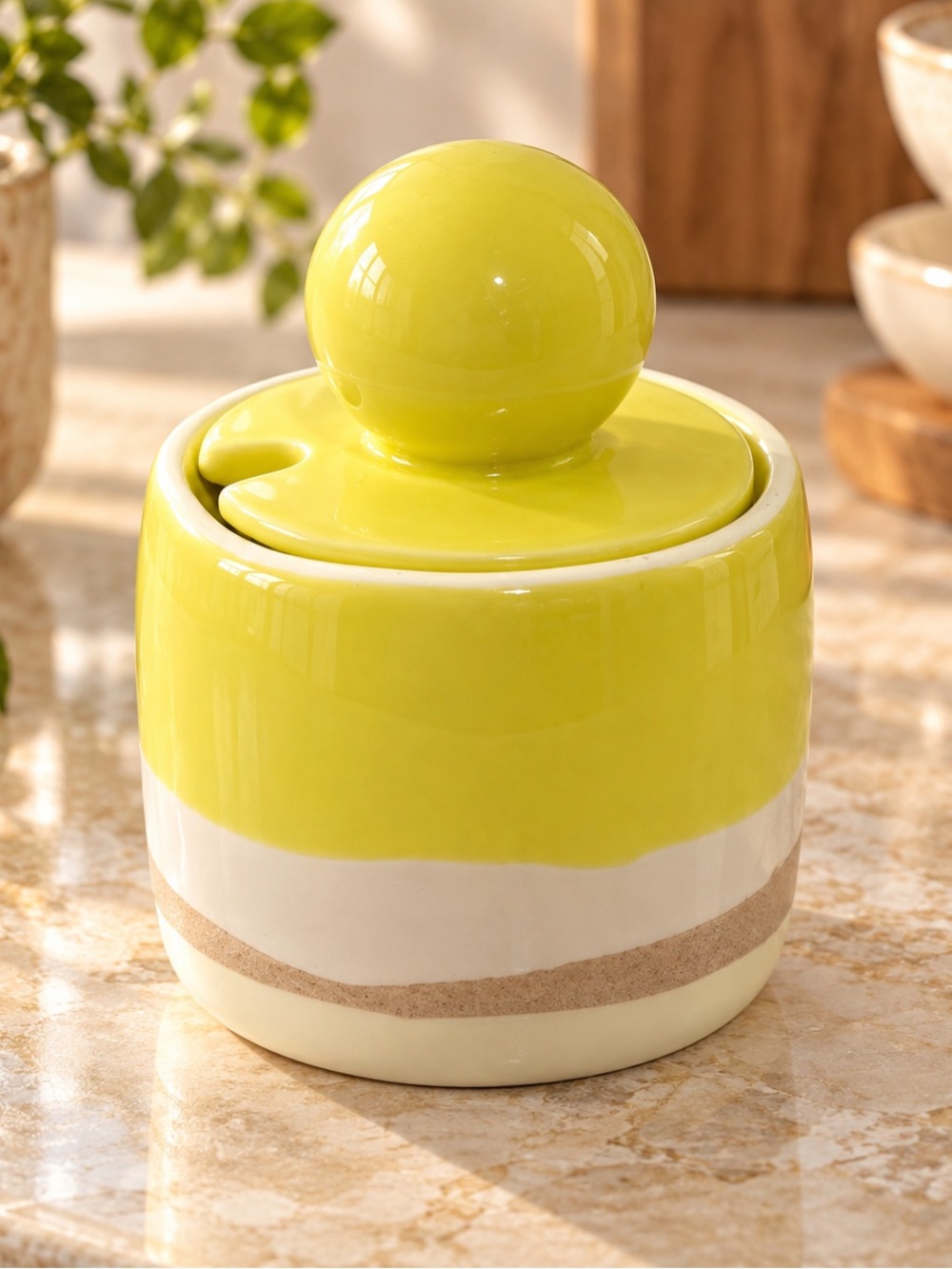 Yellow and white striped ceramic sugar bowl with lid #kitchen #candy